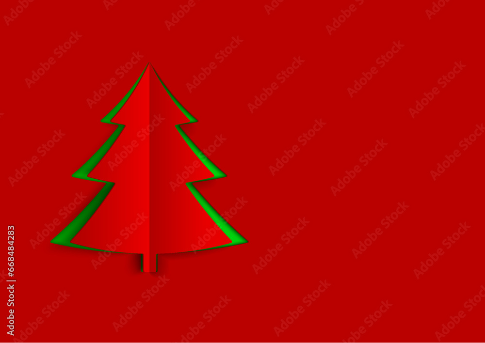 Aufkleber christmas tree in paper art style with green and red color. christmas abstract background with red p
