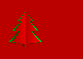 Christmas tree in paper art style with green and red color. Christmas abstract background with red paper layer.