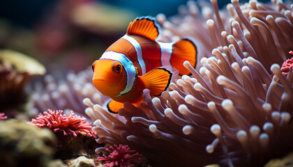 Naklejka na ściany i meble Vibrant clown fish swim among colorful coral in the reef generated by AI