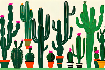 Cactus pots of various shapes are gathered together. It is round, elongated and diverse.
Generative AI.