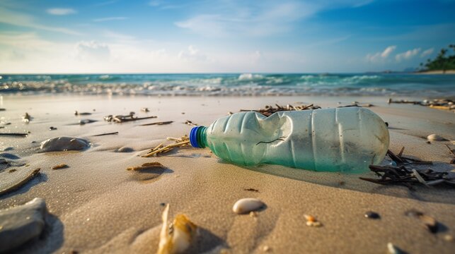 Plastic water bottle waste pollution pollutes the beach. World environment day concept
