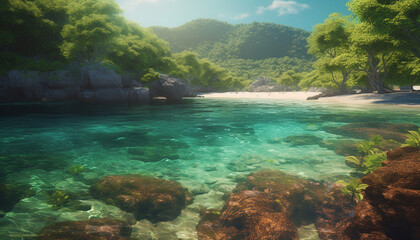 Naklejka na ściany i meble Summer travel to tropical coastline, a tranquil scene of beauty generated by AI