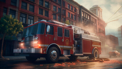 Fire engine speeding to rescue burning building, siren blaring generated by AI - obrazy, fototapety, plakaty
