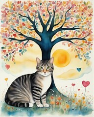 Watercolor painting of a cat sitting at a tree on a hill © Wirestock