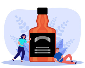 Drunk man and woman near huge bottle of alcoholic drink. Flat vector illustration. Harm of alcohol concept