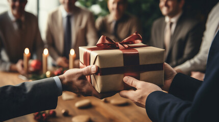 Close-up of a group of business people giving a gift to each other