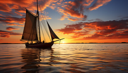 Fototapeta premium Sailing yacht glides on tranquil water, sunset paints sky generated by AI