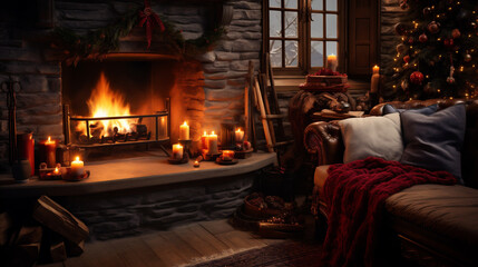 Obraz na płótnie Canvas Christmas interior with fireplace and christmas tree. 