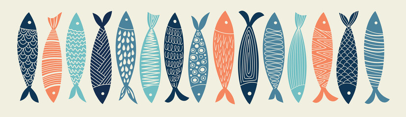 Set of colorful fish. Vector hand drawn illustration. - obrazy, fototapety, plakaty