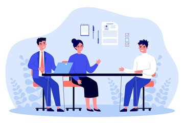 Job interview and HR concept. Vector illustration. Man and woman interviewing young man, asking questions, reviewing CV for vacant role. - obrazy, fototapety, plakaty