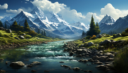 Majestic mountain range reflects tranquil beauty in nature meadow generated by AI