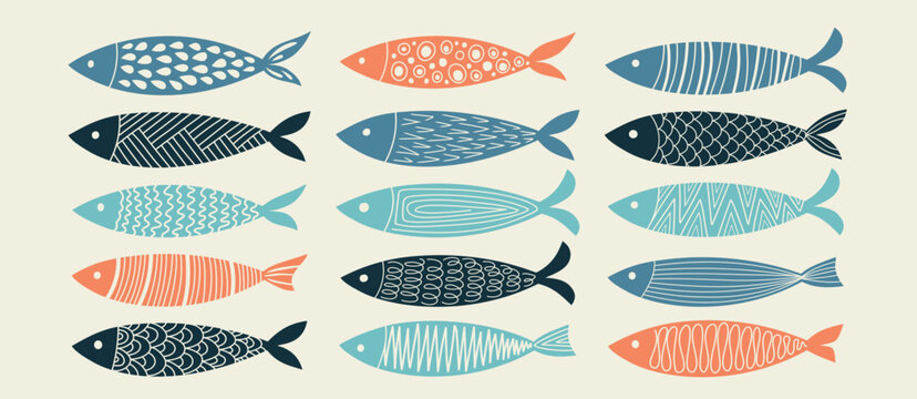 Set of colorful sardines. Vector hand drawn illustration.