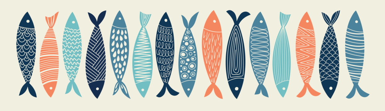 Set of colorful fish. Vector hand drawn illustration.