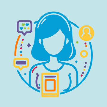 Avatar f&eacute;minin relationnel interagissant avec le public sur diverses plateformes sociales, marketing, influenceuse, 