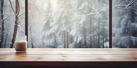 Mug of hot drink and winter window sill ,Frozen snowy winter scene through window ,Desk space during winter, offering a serene and productive atmosphere generative ai