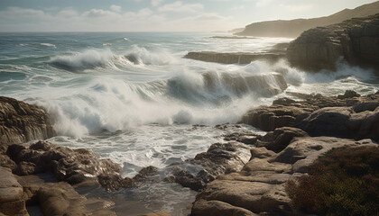 Fototapeta premium Breaking waves crash against rocky coastline, creating a seascape beauty generated by AI