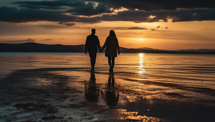 Romantic couple embraces, enjoying sunset, nature beauty, love bond generated by AI