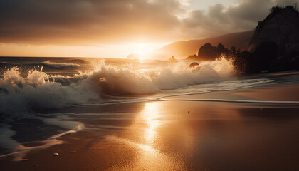Sunset over the coastline, waves crashing on sandy shores generated by AI