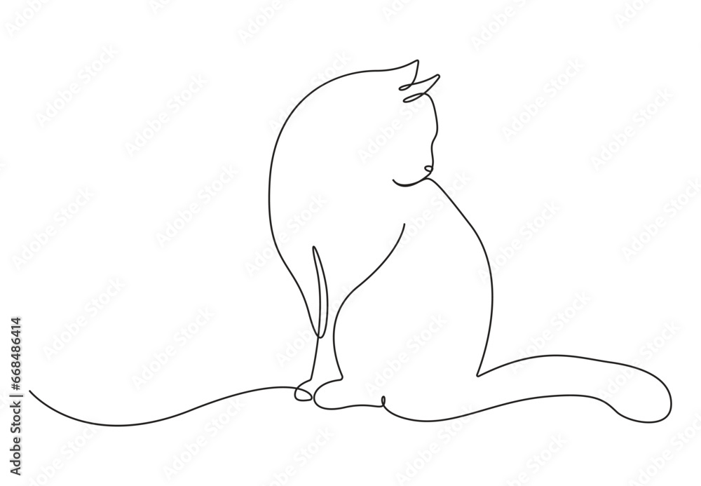Poster silhouette of a cat in continuous one line drawing. isolated on white background vector illustration