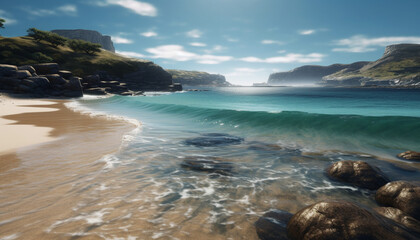 Tranquil scene of blue water, sand, and rocky coastline generated by AI