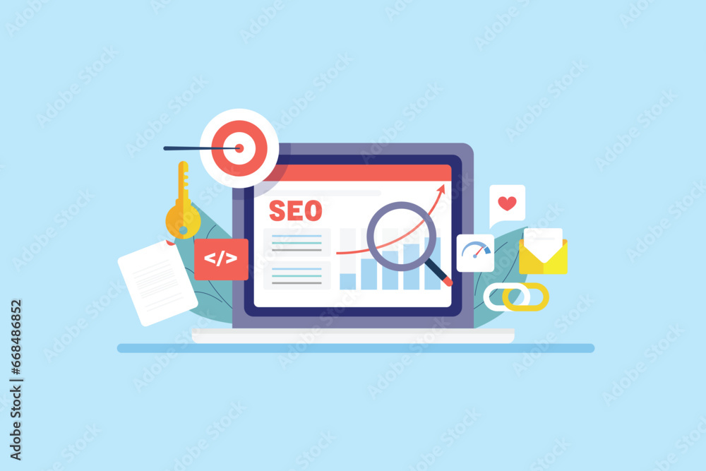 Aufkleber illustration of seo software application display web traffic, conversion data analytics, link buildi
