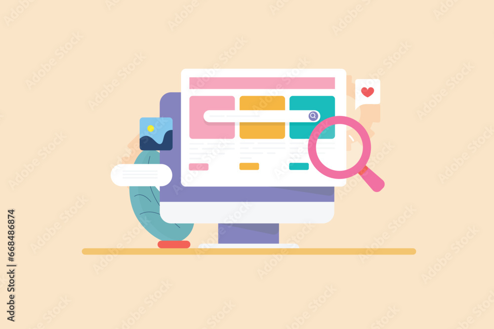 Poster website on computer screen with magnifier, online business webpage data analytics, seo optimization,