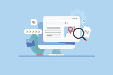 Content optimization for search engine ranking development, web browser with SEO ranking and local business map listing conceptual vector illustration. 
