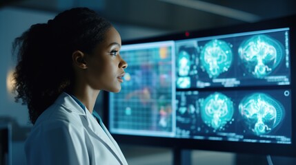 Medical Science Hospital: Neuroscientist Looks at TV Screen with MRI Scan with Brain Images. Health Clinic Lab:Professional Physicians Look at Functioning CT Scan Find Treatment. Generative AI