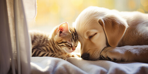 可愛い子猫と子犬が頭をつけて寝ているクローズアップ01 - obrazy, fototapety, plakaty