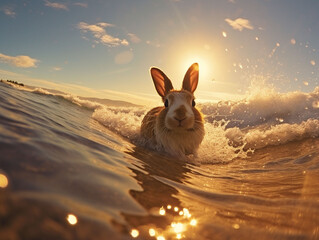 夕日の海で楽しそうに走るウサギ - obrazy, fototapety, plakaty