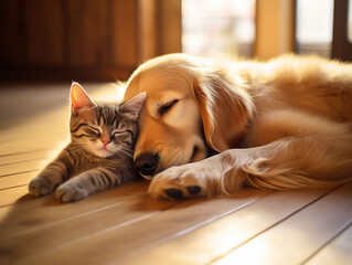 可愛い子猫と子犬が頭をつけて寝ているクローズアップ02 - obrazy, fototapety, plakaty