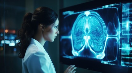 Medical Science Hospital: Neuroscientist Looks at TV Screen with MRI Scan with Brain Images. Health Clinic Lab:Professional Physicians Look at Functioning CT Scan Find Treatment. Generative AI