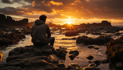 One man sitting on a rock, enjoying the sunset generated by AI