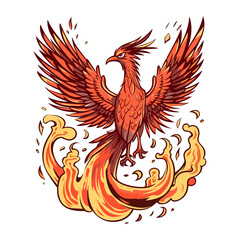 Obraz premium Majestic phoenix rising from the ashes with fiery plumage and wings spread wide sticker design, rebirth.