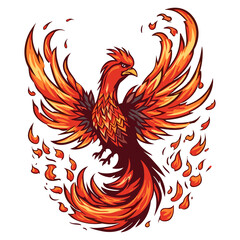 Obraz premium Majestic phoenix rising from the ashes with fiery plumage and wings spread wide sticker design, rebirth.