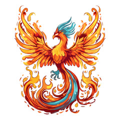Majestic phoenix rising from the ashes with fiery plumage and wings spread wide sticker design, rebirth. - obrazy, fototapety, plakaty