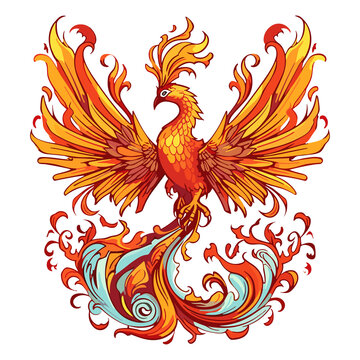 Majestic phoenix rising from the ashes with fiery plumage and wings spread wide sticker design, rebirth.