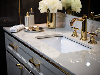 Close-up of Vanity Cabinet with Gold Tap