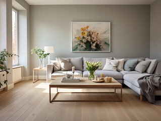 Scandinavian Living Room with Birch Flooring and Pearl Gray Walls