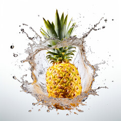 Pineapple with water splash on isolated white background - ai generative