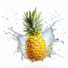 Pineapple with water splash on isolated white background - ai generative
