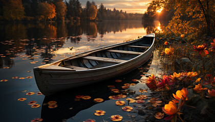 Tranquil sunset reflects vibrant autumn colors on serene pond generated by AI
