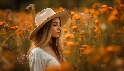 A young woman in a meadow, smiling at the sunset generated by AI