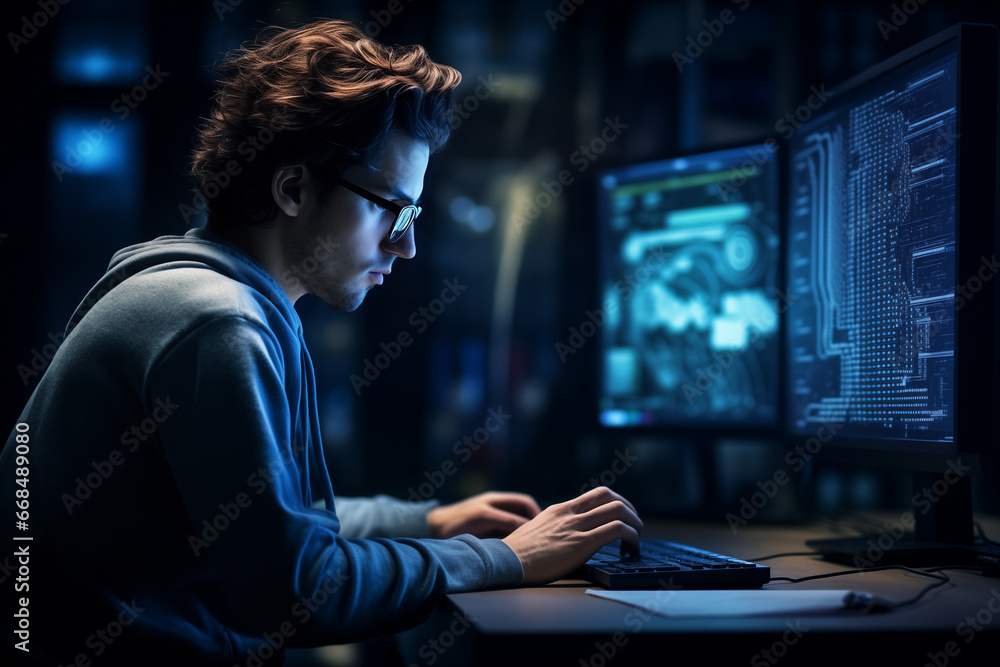 Poster software engineer typing on a computer screen, person sitting on desk
