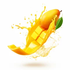 Foto op Plexiglas Mango and mango slice with water splash on isolated white background - ai generative © NAVIN