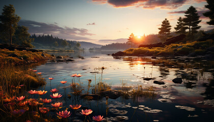 Fototapeta premium Tranquil scene sunset reflects on autumn pond, nature beauty generated by AI
