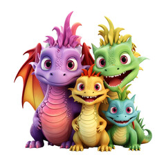 3d cartoon cute dragon family clipart png sublimation