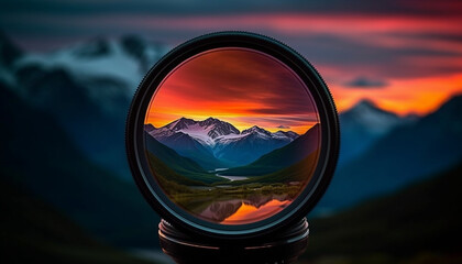 Looking through lens, majestic mountain peak, sunset over landscape generated by AI
