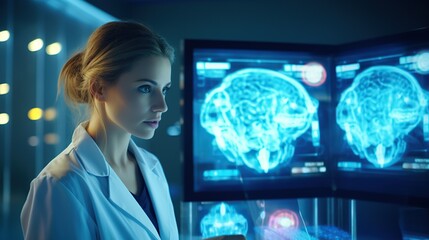 Medical Science Hospital: Neuroscientist Looks at TV Screen with MRI Scan with Brain Images. Health Clinic Lab:Professional Physicians Look at Functioning CT Scan Find Treatment. Generative AI