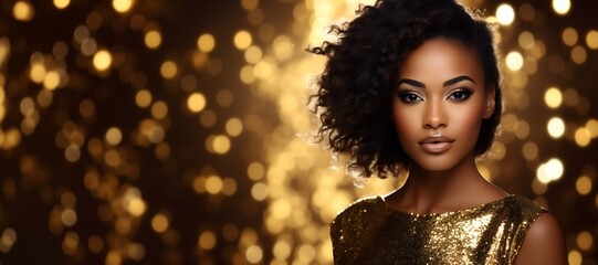 Young african star american girl in gold on golden sparkling background, empty space banner